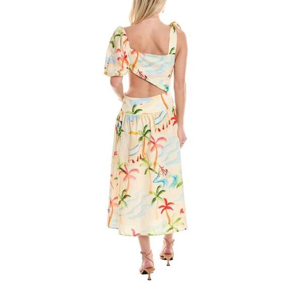 Farm Rio Copacabana Tropical Palm Tree Midi Dress Puff Sleeve Large - Picture 2 of 7